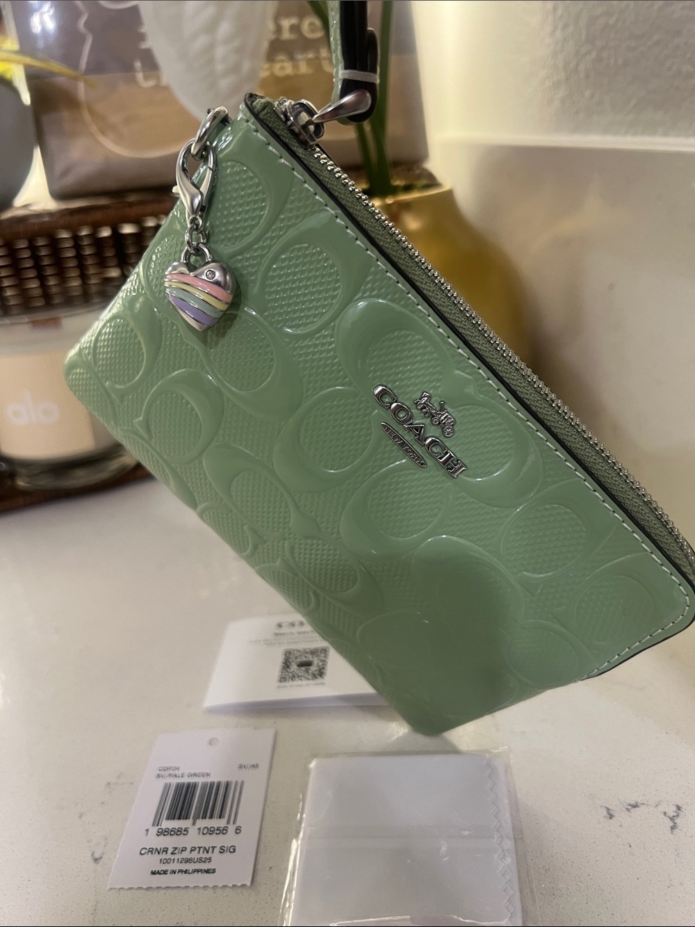 Coach Mint Green Patent Leather Wristlet with Heart Charm